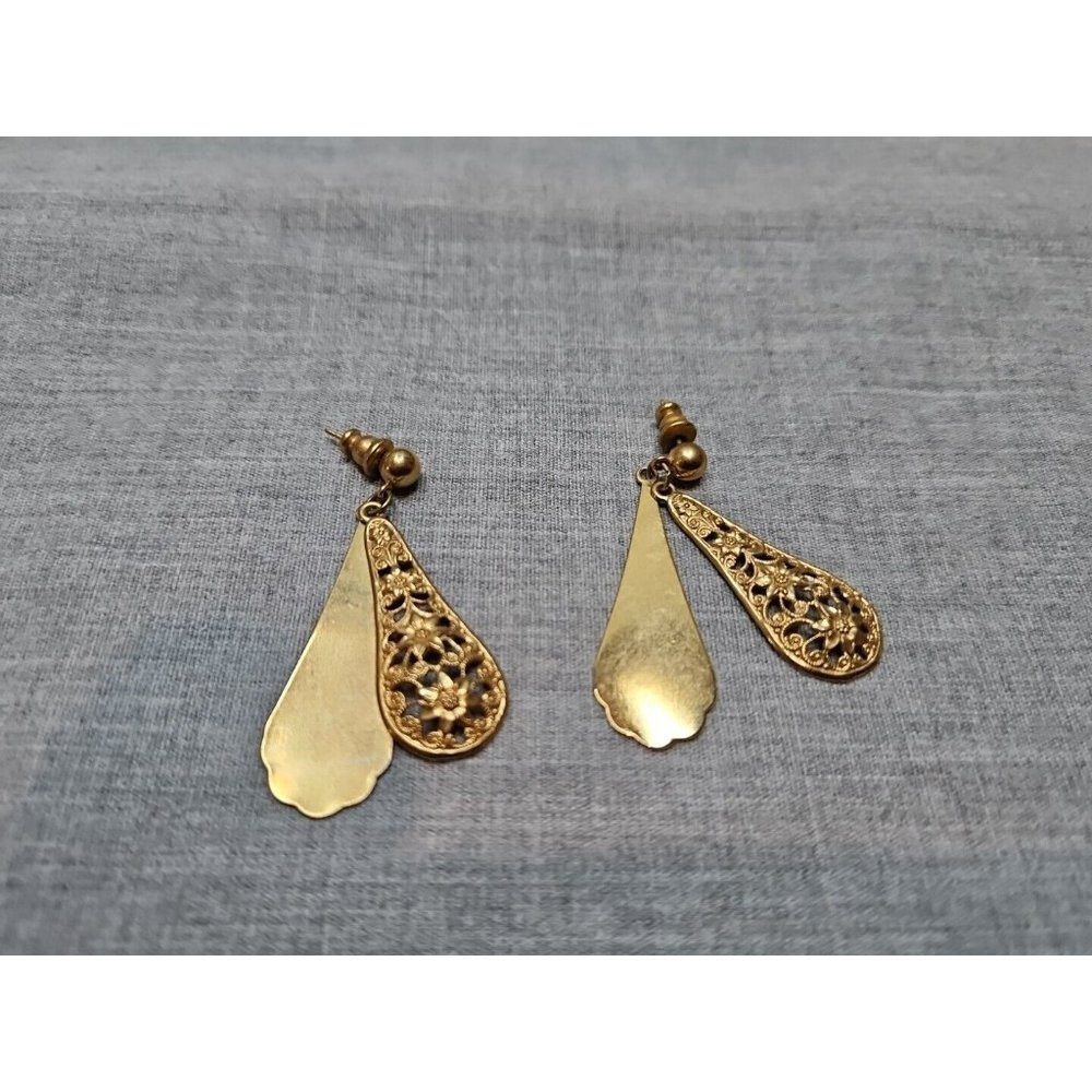 Vintage Gold Tone Double Teardrop Shape Drop Earrings, 1.25'' Length